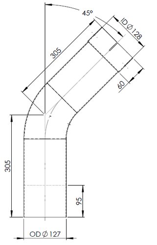 45° Exhaust Bend, OD/ID=127/128 L=305, ALU