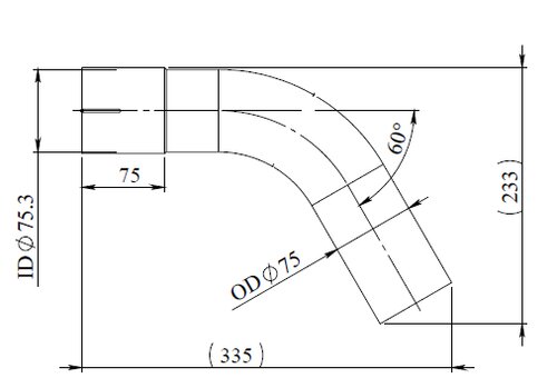 60° Exhaust Bend, OD/ID=75/75.3, L=250, ALU