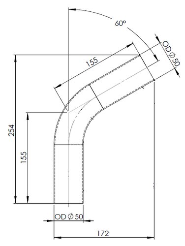60° Exhaust Bend, OD=50 / L=155, ALU