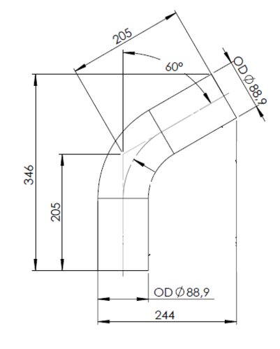 60° Exhaust Bend, OD=88.9 / L=205, ALU