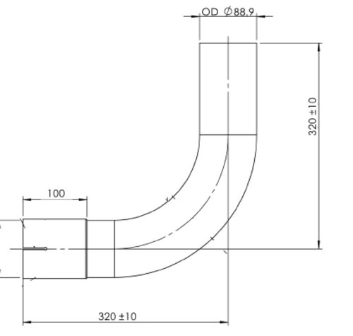 90° Exhaust Bend, OD/ID=89.4/88.9, L=320, ALU