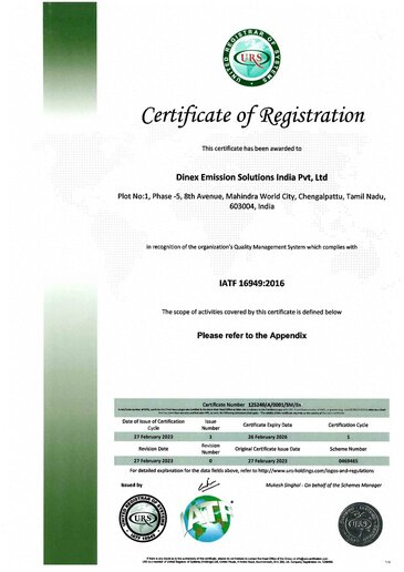 Dinex India IATF 16949 certificate