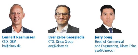 Lennart Rasmussen, CSO, OEM - lra@dinex.dk, Evangelos Georgiadis, CTO, Dinex Group - evg@dinex.de, and Jerry Song, Head of Commercial and Engineering, Dinex China - yso@dinex.cn