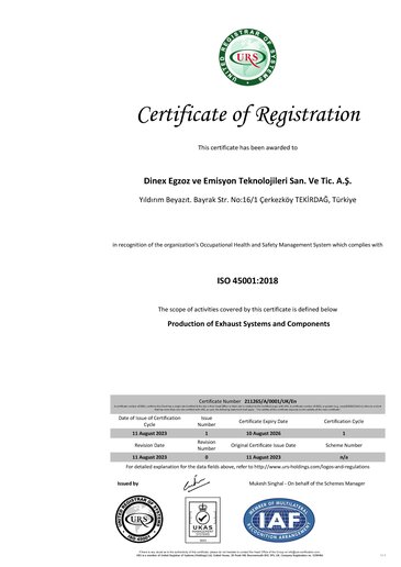 Dinex Turkey_URS ISO45001-ISG Sertifikası