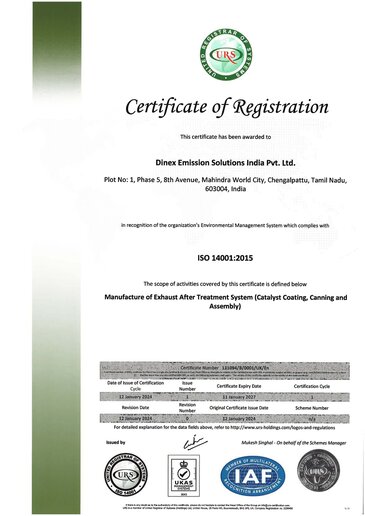Dinex India ISO 14001:2015 certificate