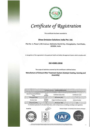 Dinex India ISO 45001:2018 certificate