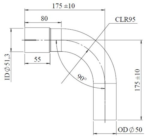 90° Exhaust Elbow, OD/ID=50/51.3 / L=200, SPD