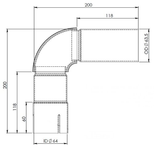 90° Exhaust Elbow, OD/ID=63.5/64 / L=200, SPD