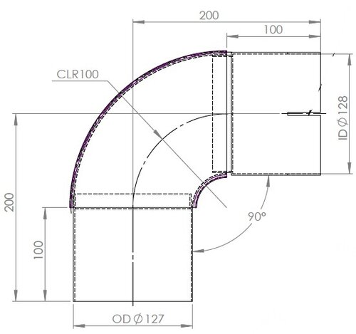 90° Exhaust Elbow, OD/ID=127/127 / L=264, INOX