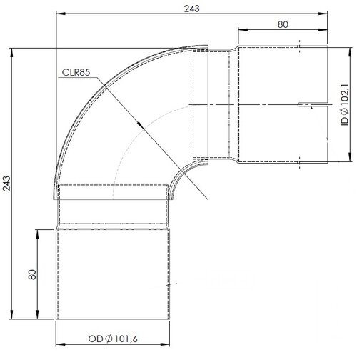 90° Exhaust Elbow, OD/ID=101.6/102.1 / L=243, INOX