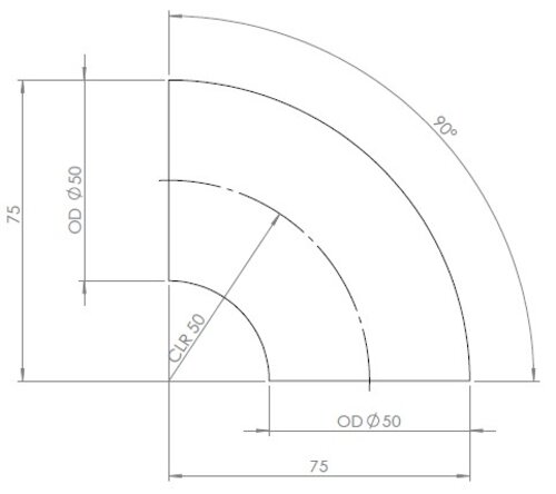 90° Elbow Welded/Thin Wall OD=50 / T=1.5, INOX