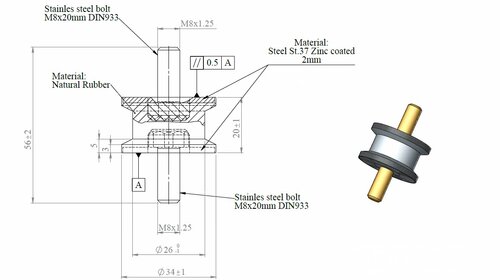 Rubber Mounting for Mercedes, Ø=34 /L=56, M8, ZINC