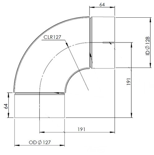 90° Exhaust Elbow, OD/ID=127/128 / L=255, SPD