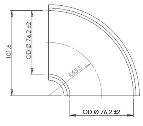 90° Elbow Welded/Thin Wall OD=76.2 / T=1.5, INOX