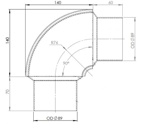 90° Exhaust Elbow, OD=88.9 / L=180, SPD