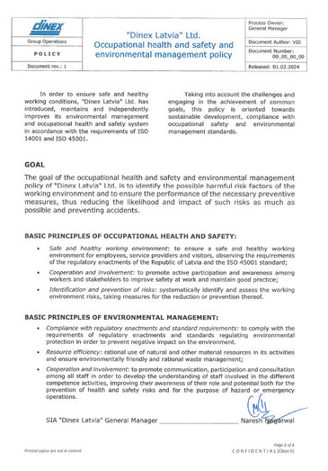 Dinex Latvia health & safety, and environmental management policy