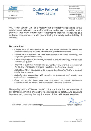 Dinex Latvia Quality Policy - amendment
