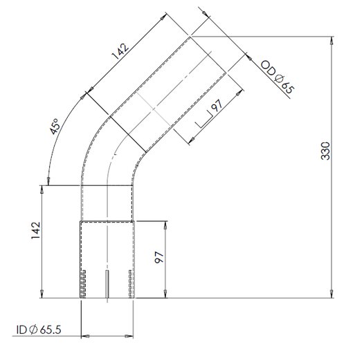 45ø Exhaust Bend, OD/ID=65/65.5 L=180, ALU