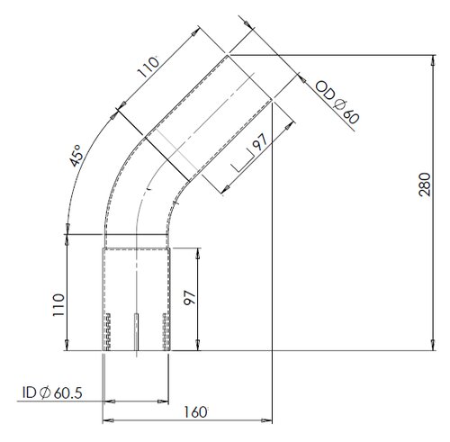 45° Exhaust Bend, OD/ID=60/60.5 L=150, ALU