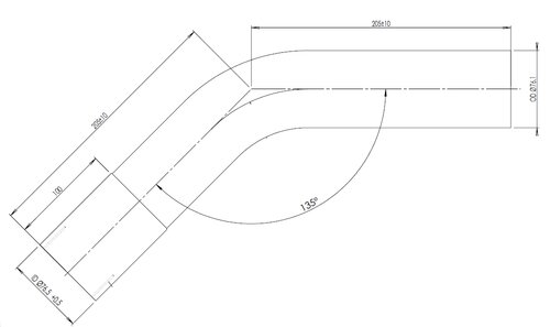 45° Exhaust Bend, OD/ID=76.1/76.7 L=205, ALU