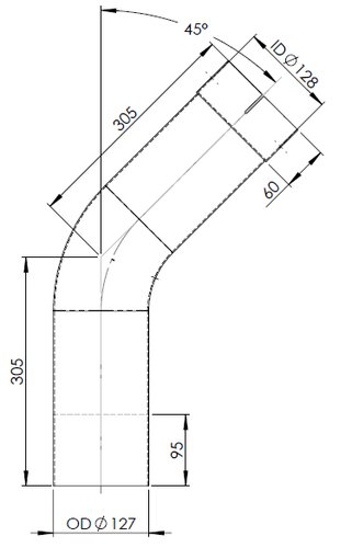 45ø Exhaust Bend, OD/ID=127/128 L=305, ALU