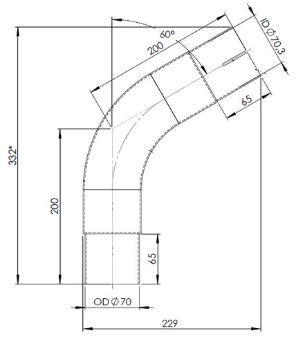 60ø Exhaust Bend, OD/ID=70/70.3, L=200, ALU