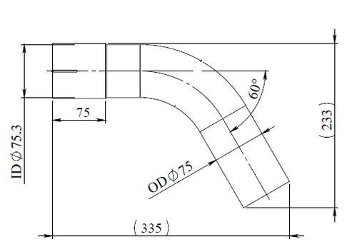 60ø Exhaust Bend, OD/ID=75/75.3, L=250, ALU