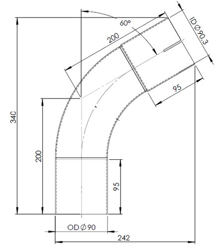 60° Exhaust Bend, OD/ID=90/90.3, L=200, ALU