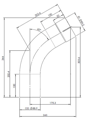 60ø Exhaust Bend, OD/ID=89.2/88.9, L=202.4, ALU