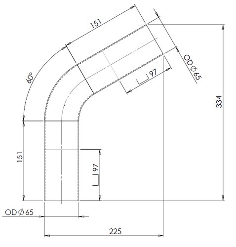 60° Exhaust Bend, OD=65 / L=205, ALU