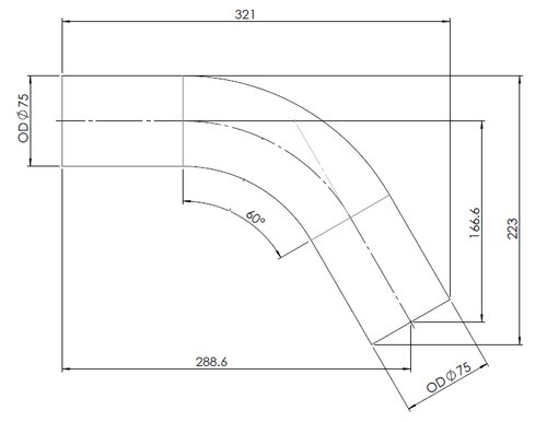 60° Exhaust Bend, OD=75 / L=190, ALU