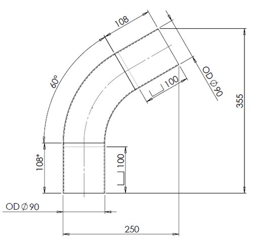 60° Exhaust Bend, OD=90 / L=210, ALU