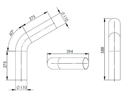 60° Exhaust Bend, OD=110 / L=360, ALU