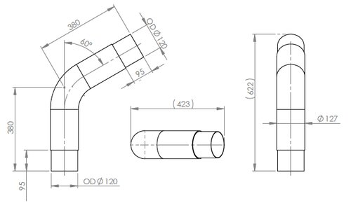 60° Exhaust Bend, OD=120 / L=380, ALU