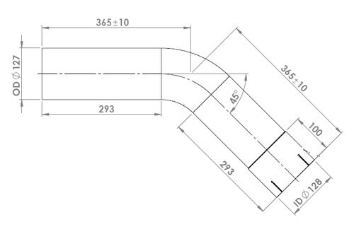 45ø Exhaust Bend, OD/ID=127/128 L=365, SS