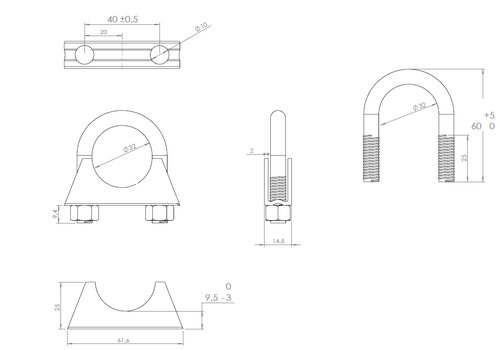 U-Bolt COLLIER, dia.=32 / L=60, M8, ZINC