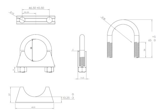 U-Bolt Clamp, Ø=38 / L=65, M8, ZINC