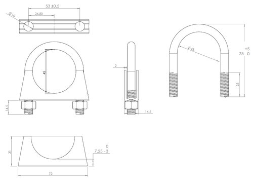 U-Bolt Clamp for Nissan, Ø=45 / L=75 mm, M8, ZINC