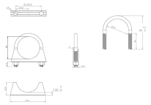 U-Bolt Clamp for Nissan, Ø=57 / L=85, M8, ZINC