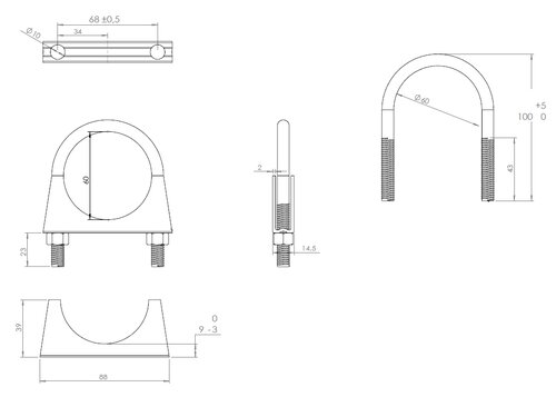 U-Bolt Clamp, Ø=60 / L=100, M8, ZINC