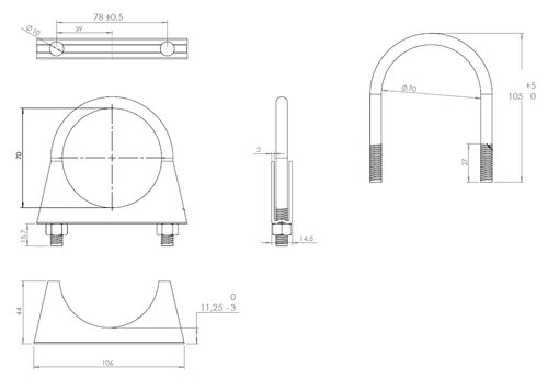 U-Bolt Clamp, Ø=70 / L=105, M8, ZINC