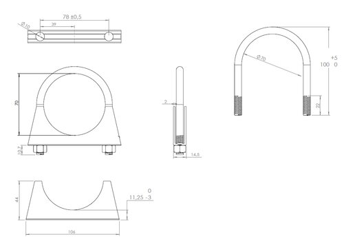 U-Bolt Clamp for Toyota, Ø=70 / L=100, M8, ZINC