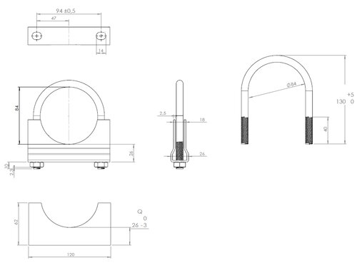 U-Bolt Clamp for DAF, Ø=84/L=130, M10, ZINC