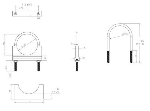 U-Bolt Clamp for Volvo, Ø=105/L=195 mm, M10, ZINC