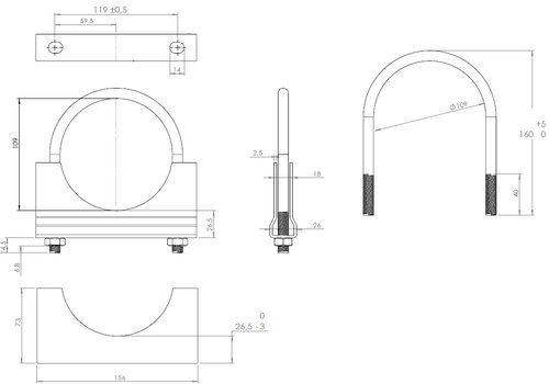 U-Bolt Clamp for DAF, Ø=109/L=160 mm, M10, ZINC