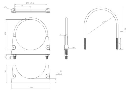 U-Bolt Clamp, Ø=130 / L=177, M8, ZINC