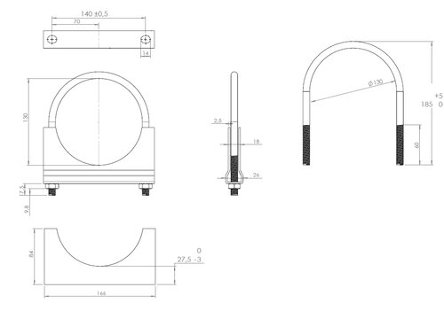 U-Bolt Clamp for DAF, Ø=130/L=185 mm, M10, ZINC