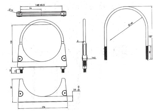 U-Bolt Clamp, Ø=139.7 / L=184, M8, INOX