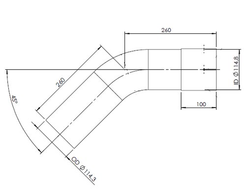 45ø Exhaust Bend, OD/ID=114.3/114.8 L=260, ALU