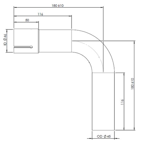 90° Exhaust Bend, OD/ID=45/46, L=180, ALU